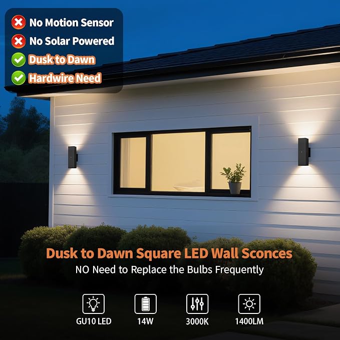 1 Pack Dusk to Dawn Outdoor Lighting, LED Square Up and Down Outdoor Sconce Lights, Matte Black Exterior Lighting Fixtures with 7W LED Bulbs, Front Porch Lights for house, Garage, Patio, Doorway