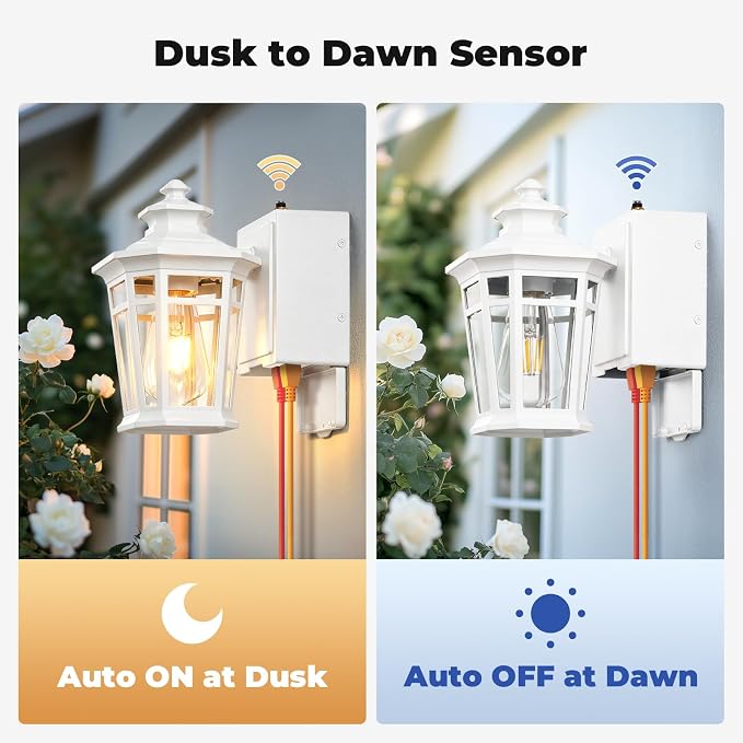 Gleamz Porch Lights Outdoor with GFCI Outlet, White Dusk to Dawn Outdoor Lighting, Exterior Lighting Fixtures Wall Mount, Anti-Rust Coach Light for Garage, Patio, 100% Aluminum, Waterproof, E26 Socket