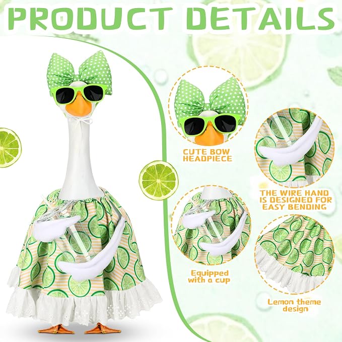 Abbylike Summer Lime Porch Goose Outfit Lemons Clothes Costume for 23'' Goose Dress with Green Bow Frame Glasses for Summer Garden Porch Statue Yard Pathway Decorations
