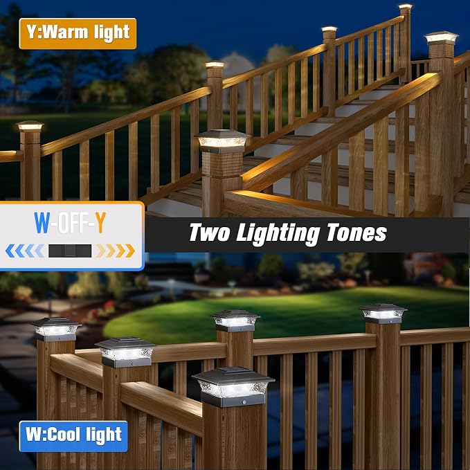 Solar Post Cap Lights Outdoor 6pack, Waterproof Fence Post Lights with 16 Ultra Bright LEDs Fit 4x4 Wood/Vinyl Posts, Black Deck Post Lights with Warm/Cool White for Garden, Patio, Porch, Yard