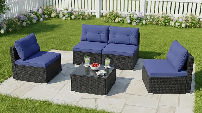 Tangkula 5 Piece Rattan Sofa Set, Outdoor Wicker Furniture Set w/Seat & Back Cushions, Square Coffee Table, Patio Sectional Sofa Set for Backyard, Poolside, Garden (Navy)