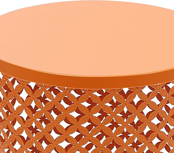 2 Pcs Metal Outdoor Side Table Set, Space-Saving Accent Table with Vintage Openwork Design, Modern Round End Table for Patio, Balcony, Living Room (Orange)