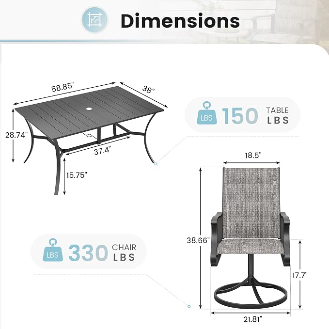 7 Pieces Patio Dining Set, Padded Patio Outdoor Furniture Set of 6 Patio Swivel Dining Chairs and Patio Spliced Rectangular Tabletop with Umbrella Hole, for Deck, Backyard, Poolside & Garden