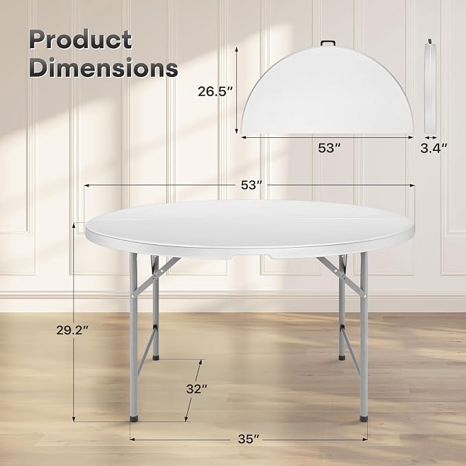 Athena Collection 4.5ft Folding Table, Indoor Outdoor Foldable Round Card Table Portable Plastic Craft Table with Lock & Handle, Collapsible Dining Table Desk for Commercial Party Camping, White