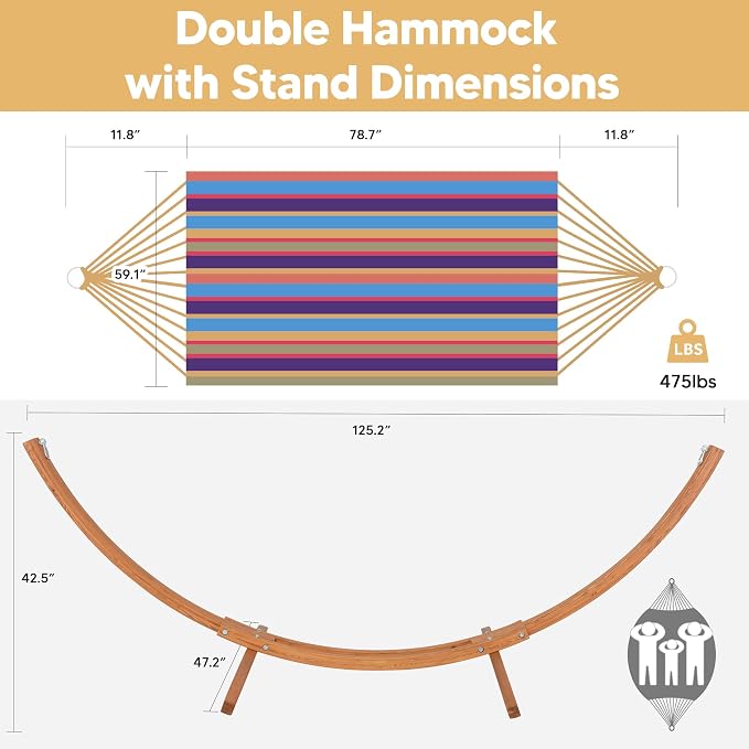 SUNCREAT Portable Hammock with Stand, Two Person Hammock with Stand Included, Rainbow