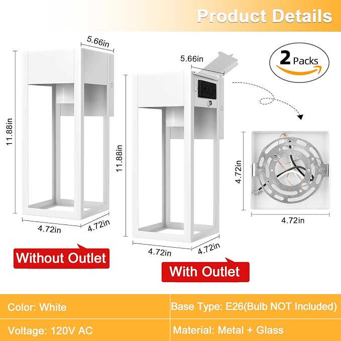 2 Pack Porch Lights Outdoor Wall Sconce, Outdoor Light with GFCI Outlet, Waterproof Exterior Wall Lantern Light Fixtures, Anti-Rust Wall Lamp with Clear Glass for Patio Doorway Garage- White