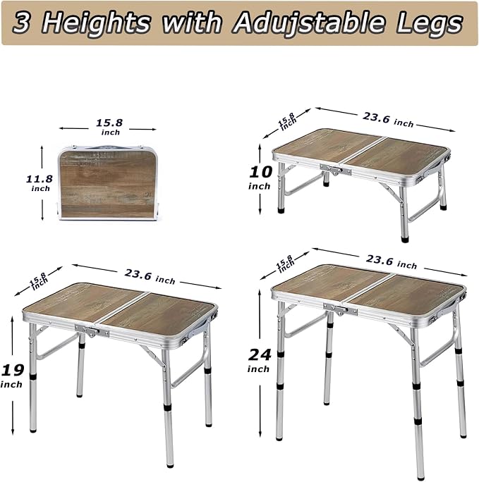 YihuiKo Small Folding Table, 3 Adjustable Heights Picnic Table, Outdoor Folding Table with Storage Mesh Layer, Portable Table for Outdoor & Indoor