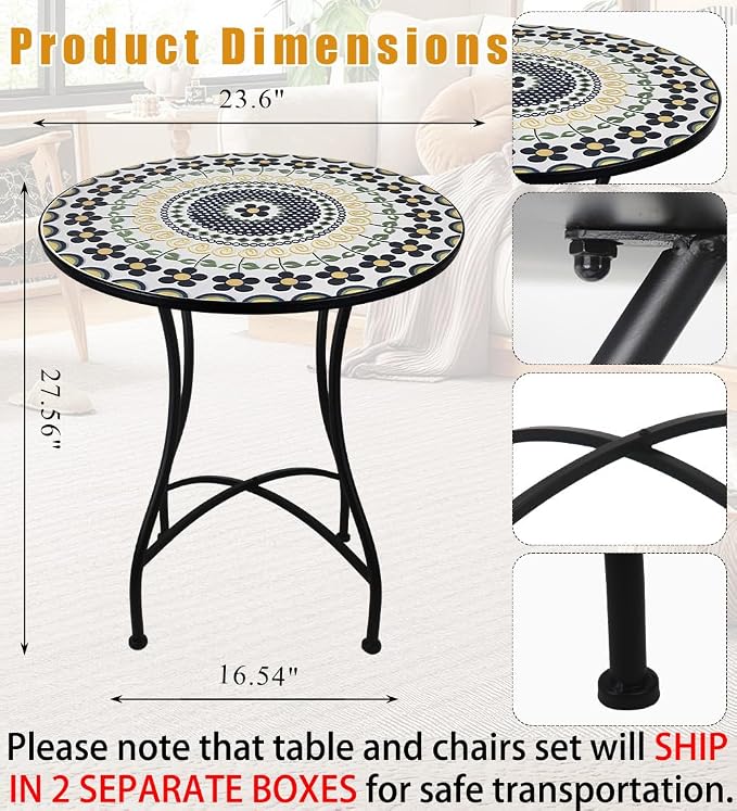 3 Piece Bistro Sets Mosaic Tile Round Table Folding Chairs Garden | Set of 3 Patio Furniture 23.6" Table and 2 Chairs Outdoor Bistro Chairs Artistic Table for Balcony Porch Apartment Backyard