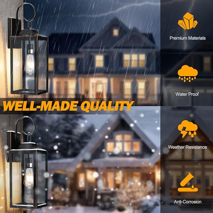 19" Dusk to Dawn Outdoor Lighting Porch Lights Black with Gold Trim 2 Pack | Large Outdoor Wall Lights, Sensor Exterior Lighting Fixtures, Toughened Glass, E26 Socket, Waterproof for House Garage