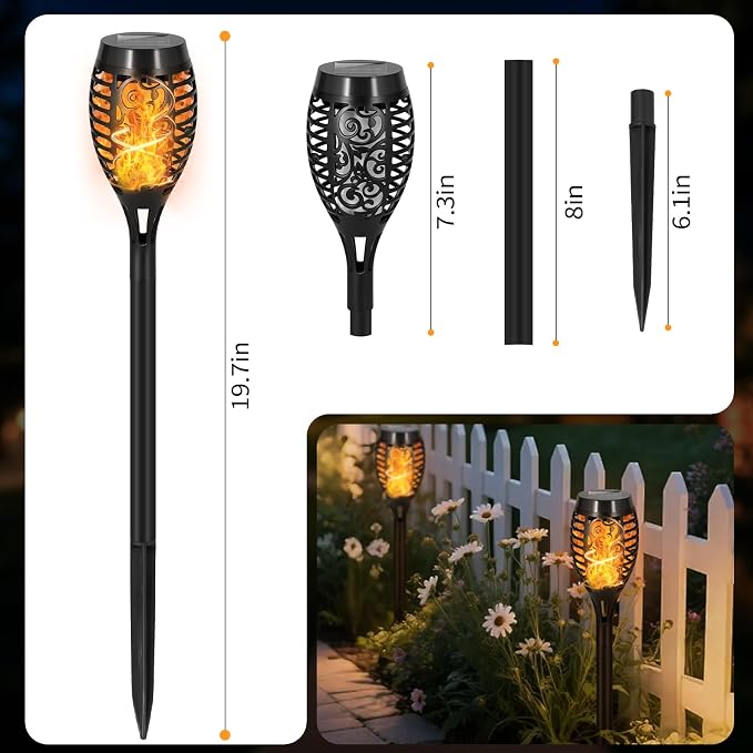 8 Pack Solar Lights Outdoor, Warm White Flickering Flame Torches | Warm White Flickering Flame, Long Nighttime Glow, Auto-On at Dusk, IP65 Weather-Resistant, Tool-Free Ground Setup
