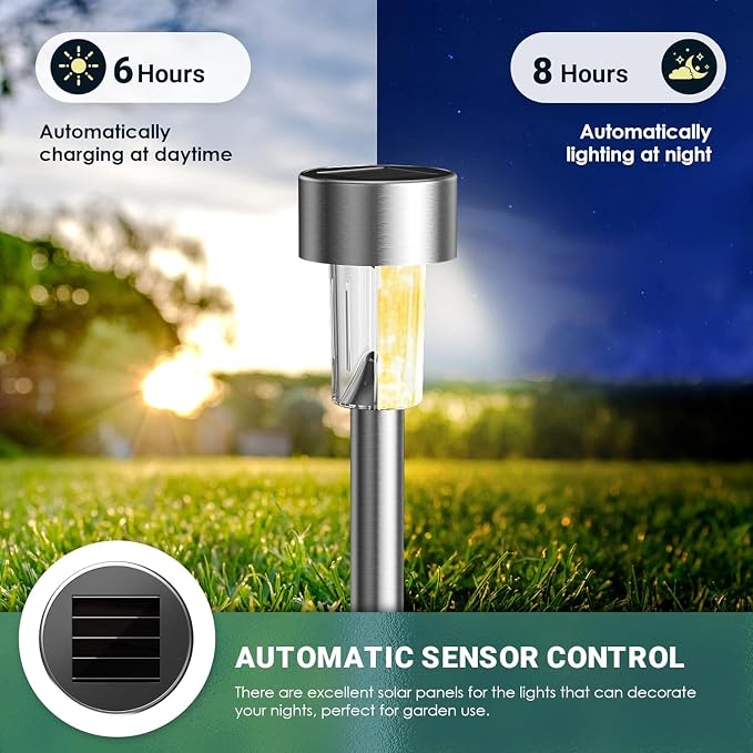 GIGALUMI 16 Pack Solar Lights Outdoor Waterproof, Stainless Steel | Solar Pathway Lights, Solar Garden Lights for Patio, Lawn, Yard and Landscape LED (Warm White)