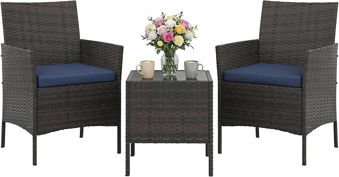 PeakPursuit 3 Pieces Patio Furniture Set, PE Rattan Wicker Patio Set with Soft Cushion and Glass Coffee Table, Upgraded Outdoor Patio Chairs and Table for Garden Poolside Balcony, Blue