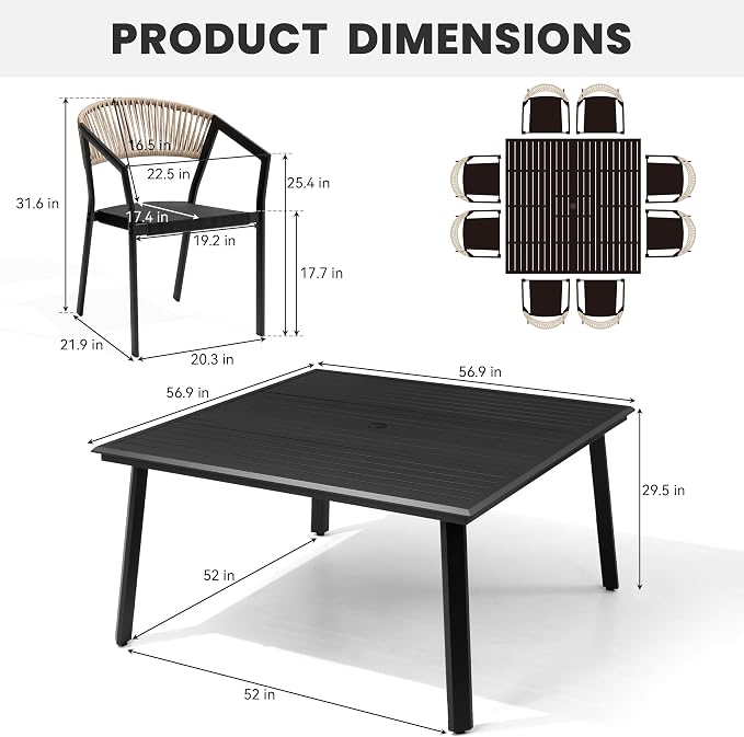 9-Piece Aluminum Square Patio Dining Set with 8 Stackable Wicker Chairs | 57" Outdoor Dining Table and with 8 Brown Barrel Chairs Weather Resistant Furniture for Backyard, Deck, Poolside