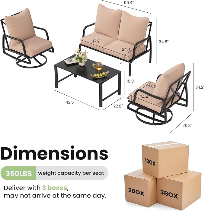 Soohow Patio Furniture Set, 4 Piece Outdoor Patio Furniture Set, 2 x Outdoor Swivel Chair, 1 x 2-Seats Sofa and 1 x Coffee Table, Metal Conversation Set for Porch, Balcony, and Backyard