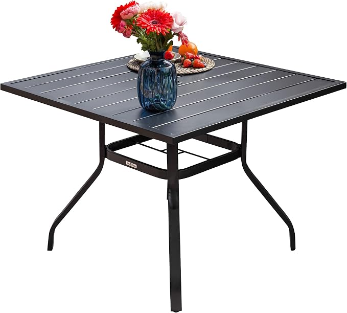 Sour Citrus 37" Outdoor Square Metal Patio Dining Table for 4 with 1.57" Umbrella Hole and Adjustable Feet, Weather-Resistant Steel Slat Table for Garden, Backyard, Balcony, or Deck, Black