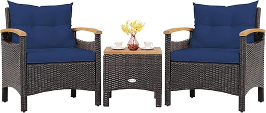Tangkula 3-Piece Patio Furniture Set, Patiojoy Outdoor Rattan Sofa Set with Coffee Table, Patio Conversation Set with Removable Cushion, Cozy Acacia Wood Armrests for Backyard, Poolside (Navy)