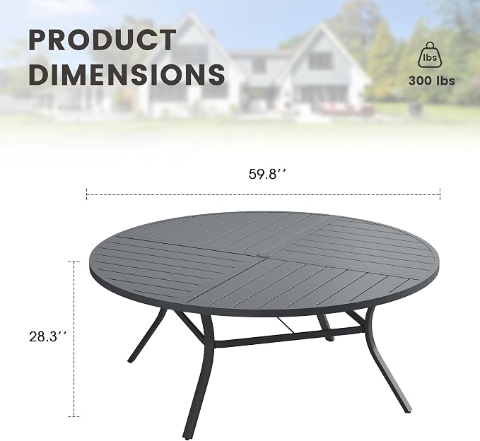 60" Outdoor Dining Table with Adjustable Umbrella Hole, Metal Slatted Round Patio Dining Table for Backyard Garden Deck, Dark Grey