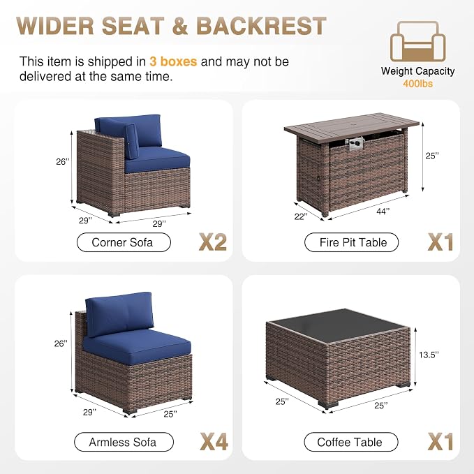 Aoxun Patio Furniture Sets, 8-Piece Outdoor Patio Furniture with 44'' Propane Gas Firepit Table, Wicker Outdoor Conversation Set Sectional Sofa for Backyard, Poolside, Garden