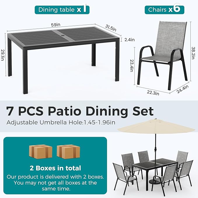 Pamapic Outdoor Dining Sets for 6, Rectangular Steel Slat Table with 6 Textilene Chairs, 7 Piece Patio Table and Chairs Set with Umbrella Hole for Patio, Backyard, Poolside (Grey, No Umbrella)