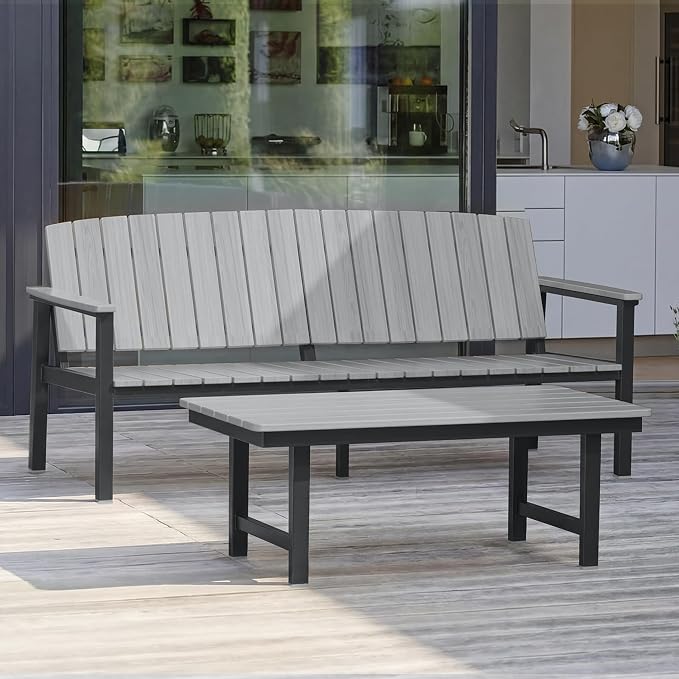 Aluminum Patio Furniture Set, Outdoor Furniture Set 2 Pieces with Coffee Table Aluminum Frame HDPS Faux Wood, All Weather Conversation Set for Backyard, Garden, Poolside Grey