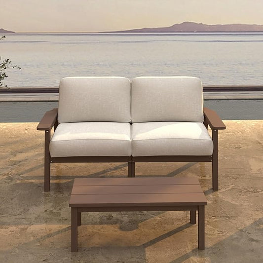 Patio Furniture Set 2 Seats, HDPE Outdoor Sectional with Beige Washable Thick Cushions, Coffee Table, Patio Conversation Sets for Lawn, Garden, Porch, Balcony, Deck (Brown Frame)