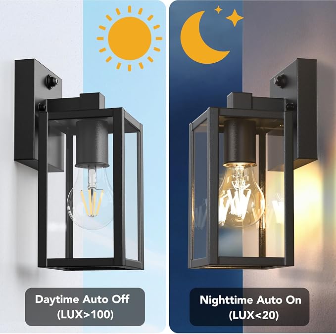 Dusk to Dawn Outdoor Light Fixtures, 2-Pack Sensor Porch Lights, Waterproof Exterior Wall Sconce Lighting Lamp, Waterproof Wall Lantern for House, Doorway, Garage (Black)