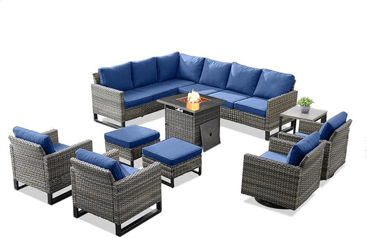 Patio Sectional Furniture Set with Fire Pit Table: 10 Pieces Wicker Patio Conversation Set with L Shaped Sofa, Outdoor Swivel Glider Rocker, Rattan Club Chairs, Ottomans, Removable Cushions Blue