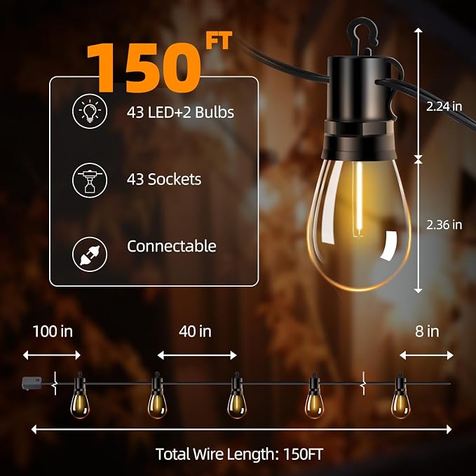 Outdoor Patio String Lights 150ft: S14 LED Shatterproof Bulbs 3 Modes Button Control - Waterproof Connectable Hanging Lights - Garden Backyard Yard Gazebo Porch Party Decorative