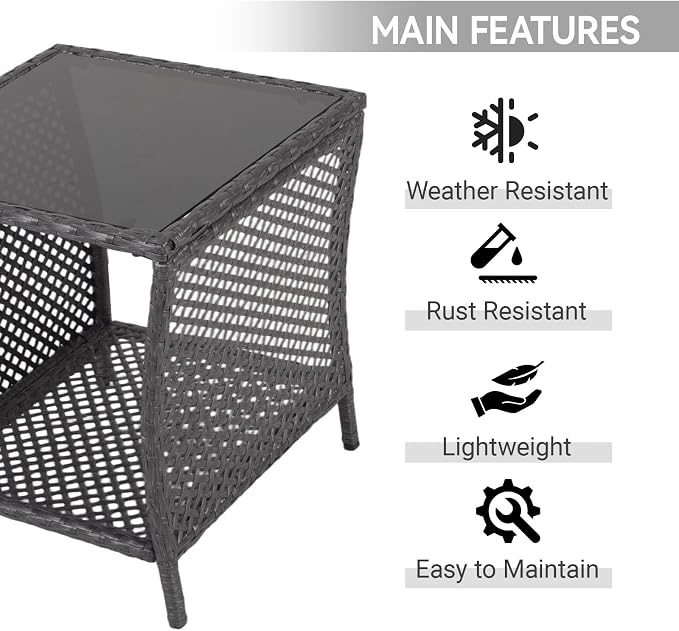 Kinfant Outdoor Wicker Side Table with Tempered Glass Top, 17.7" Square Patio End Table with Storage Shelf, Weather-Resistant Rattan Table for Balcony, Porch, Deck, Garden, Easy Assembly