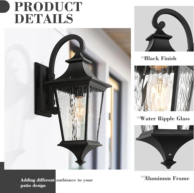 Emliviar Modern Outdoor Porch Light, 21.1 Inch Black Finish Classic Outside Wall Light with Water Ripple Glass, Outdoor Wall Mount Lighting for Entryway and Garage, XE292BM-SW BK