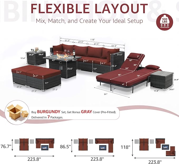 NICESOUL 11 Piece Sectional Outdoor Set with Chaise Lounge, Extra Large Backyard Seating with Firepit, 29.3'' Highback Patio Couch Sofa, Heavy Duty All-Weather Wicker Furniture for Deck, Grey & Red