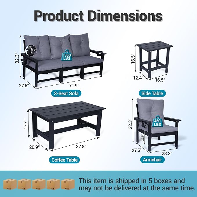 7-Piece HDPE Patio Conversation Set w/ 4 Cup Holders, All-Weather Outdoor Sectional Furniture, Thick Washable Cushions, Coffee Table & Side Table for Backyard Porch Poolside, Black