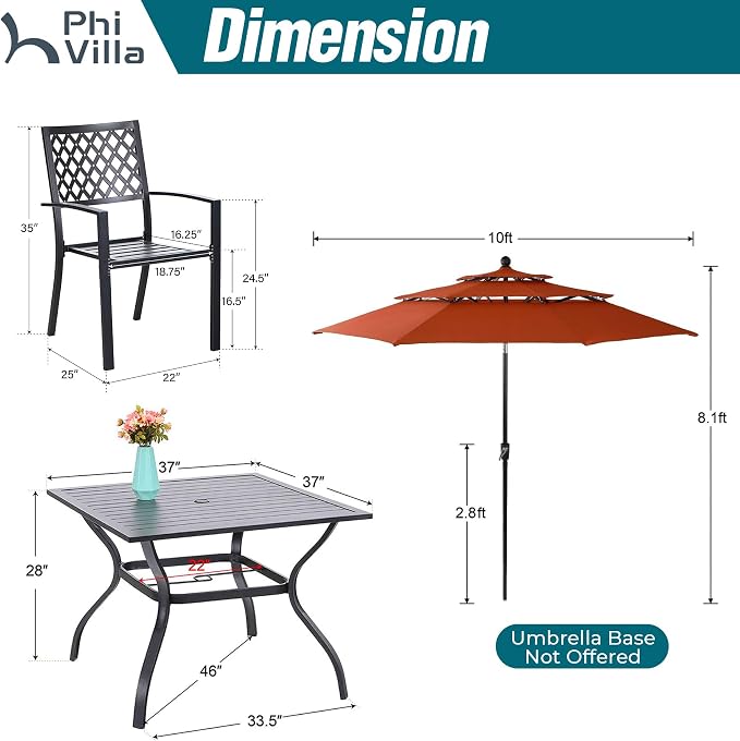 PHI VILLA 5 Piece Outdoor Dining Set with 10ft 3-Layer Round Umbrella(Orange Red)