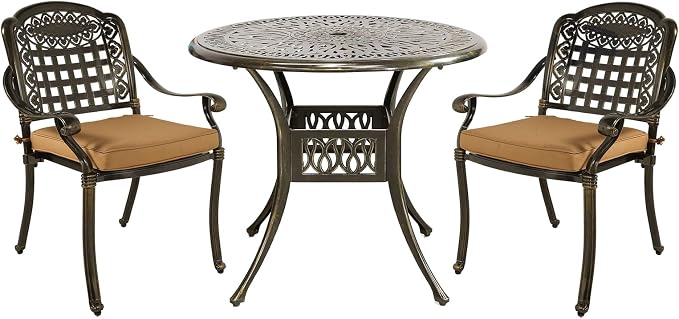 MEETWARM 3 Piece Patio Bistro Set, Outdoor All-Weather Cast Aluminum Dining Furniture Set Includes 2 Chairs with Cushions and a 35.4” Round Table with Umbrella Hole for Garden Deck