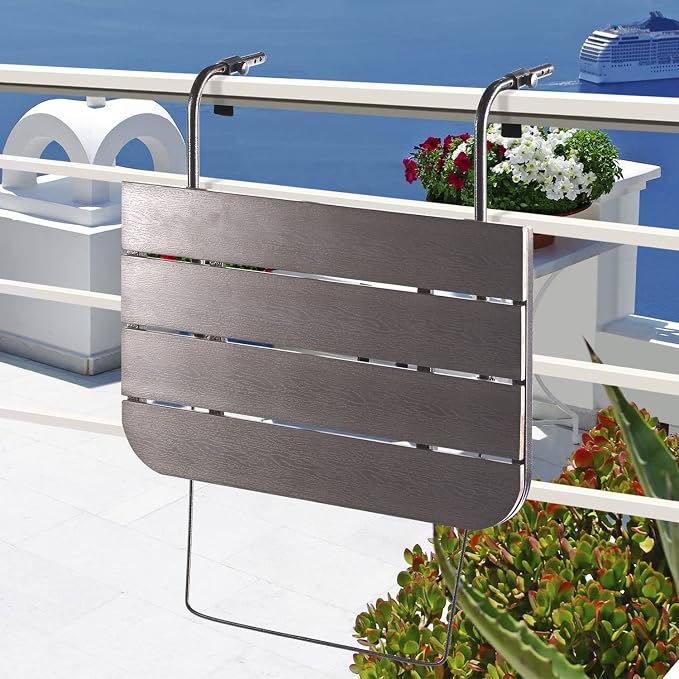 Balcony Railing Table Outdoor Hanging Folding Brown Aluminium Metal Side Table Adjustable 23.6"L x 15.7"W