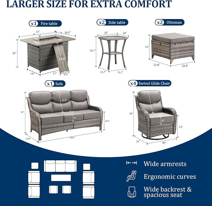 Luxury Swivel Rocker Chairs Fire Pit Set with 6" Thick Cushion 10 piece Wicker Outdoor Patio Chair with Sofa and Ottoman,Comfortable High Back Outdoor Patio Furniture Set - Gery | Gery