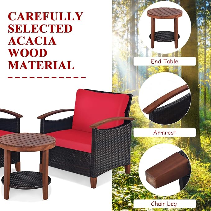 Tangkula 3 Pieces Patio Furniture Set, Outdoor Rattan Sofa and Side Table w/Solid Acacia Wood Frame, High Load Bearing Conversation Bistro Set w/Washable and Removable Cushions (Red)