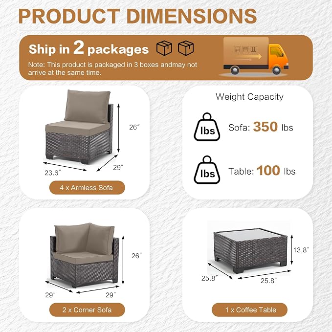 MOCHITO 7 Pcs Outdoor Patio Furniture Sets Brown Rattan Khaki Cushions | All-Weather Sectional Sofa, with Glass Table, PE Rattan Wicker Patio Furniture , Washable Cushions, for Balcony Porch Garden