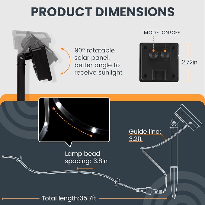 GIGALUMI 2 Pack Solar Rope Lights Outdoor Waterproof, Cool White | Total 72FT 200LED, 8 Modes IP65, Solar String Lights for Outside Tree Fence Railing, Decorative Lighting for Patio Yard Porch
