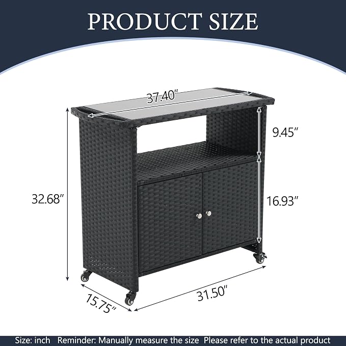 Outdoor Kitchen Wicker Island Rolling Cart with Storage Cabinet Outside Bar Cart Patio Bar Table, w/Wheels and Black Glass Table Top, Black