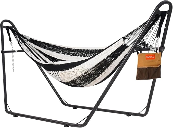 Lazy Daze Hammocks Handwoven Mayan Hammock with Heavy Duty Steel Stand, 10.5 FT Soft Rope Double Hammock for Patio Outside, 550 lbs Weight Capacity, Black/White