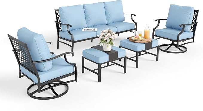 MIXPATIO Patio Furniture Set 5 pcs, Outdoor Patio Furniture, 3-Seat Sofa, 2 Swivel Chairs, 2 Ottomans and 5.75" Extra Thick Cushion, Patio Conversation Set for Garden Backyard Deck,Blue