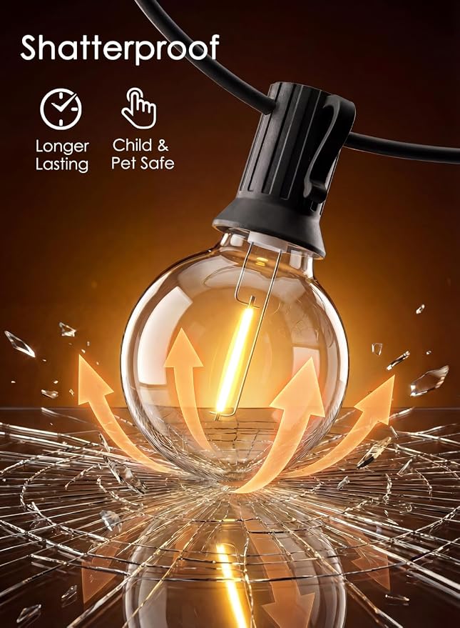 25FT G40 LED Globe Outdoor String Lights with 25 Plastic Shatterproof Bulbs | 2700K Warm White, IP65 Waterproof Hanging Connectable Globe Lights for Patio, Backyard, Bistro, Porch, Black Wire