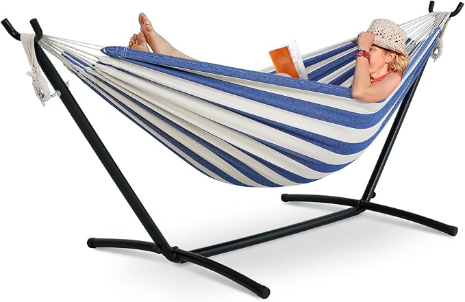 Lazy Daze Portable Hammock with Stand, Free Standing Hammocks for Indoor Outdoor Patio Yard, Has a Carrying Bag and Pillow, 9ft Hamacas Heavy Duty 2 Person Amaca 450 lbs Capacity(Blue White)