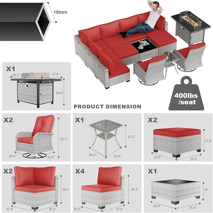 13-Piece Patio Furniture Set, Outdoor Patio Furniture with Swivel Chairs Set, Ottomans, 55,000 BTU Fire Pit Table, Modular Patio Sofa, Dual-Strand Wicker Rattan, Rust-Resistant Frame, Red