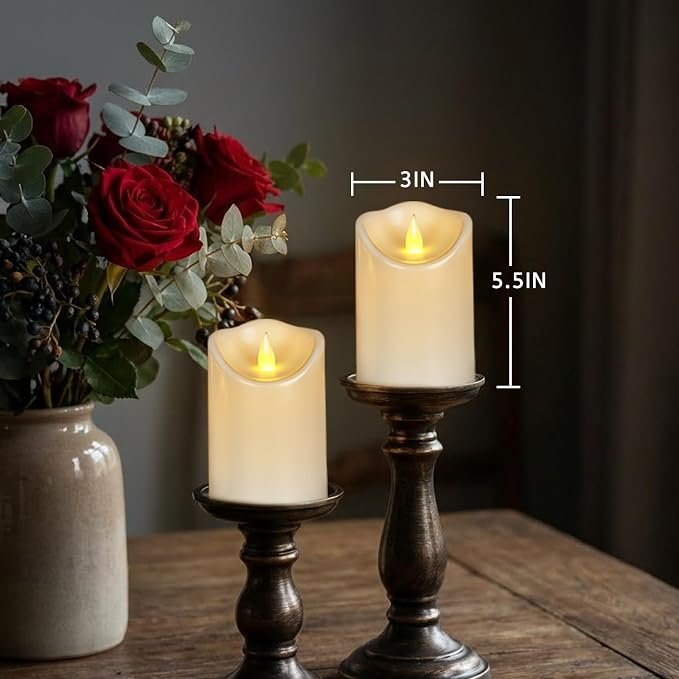 Bulk Set of 12 Outdoor Flameless Candles, Patented 3D Dual-LED Resin Pillars with 2 Remotes, Pure White Waterproof Non-Melting Battery Operated Wedding Aisle Decor, (White, D3 X H6)