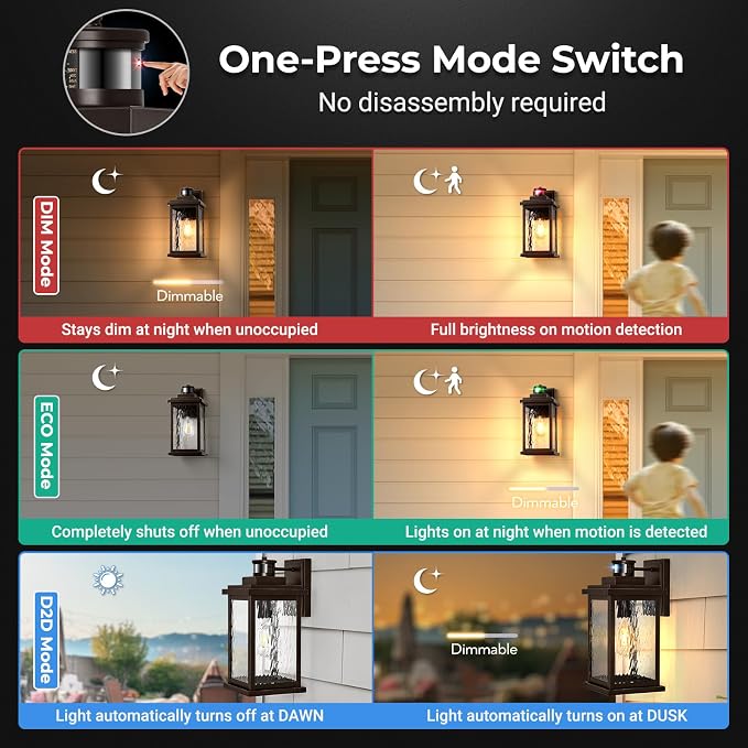 VIANIS Large Adjustable-Sensitivity Motion Sensor Outdoor Lights, Oil-Rubbed Bronze Porch Light with Tempered Ripple Glass, Aluminum Waterproof Outdoor Light Fixture, Exterior Lights for Garage