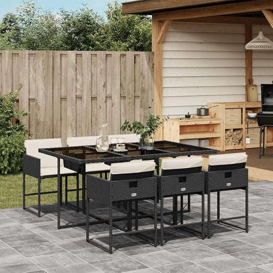 7 Piece Patio Dining Set with Cushions Black Poly Rattan Outdoor Furniture for Garden Backyard Deck Tempered Glass Table Foldable Chairs Cream White Cushions