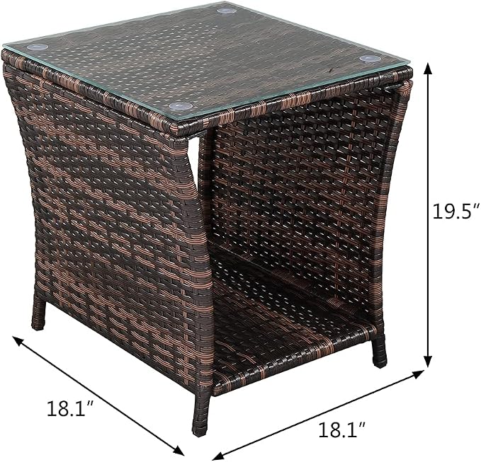 Outdoor Wicker Rattan Side Table, Square Rattan Coffee End Table Patio Wicker Table with Tempered Glass Top and Storage for Patio Garden Balcony (Brown)