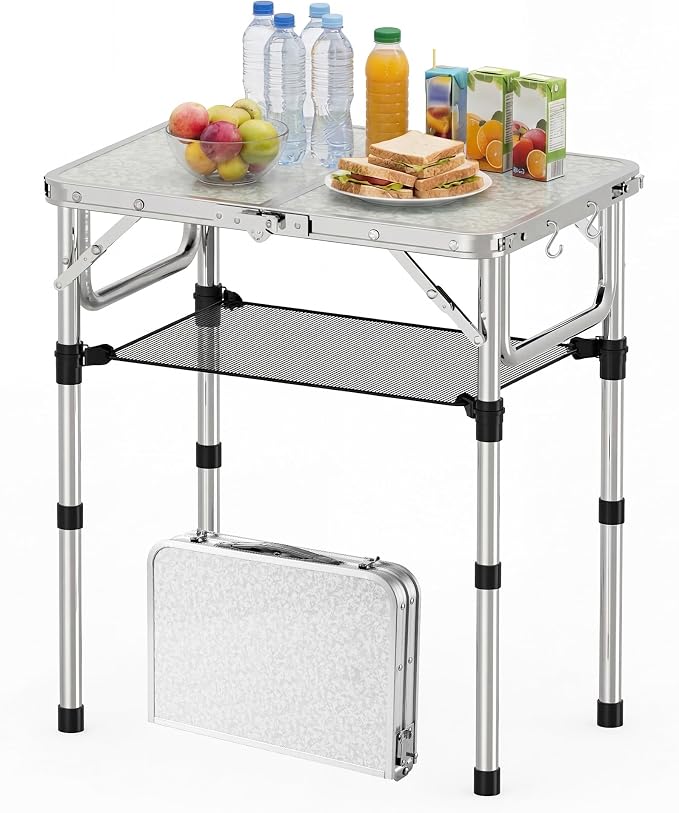 YihuiKo Small Folding Picnic Table with Storage Net, 3 Adjustable Heights 27.5" Aluminum Lightweight Portable Table with Carrying Handle for Camping Travel Indoor